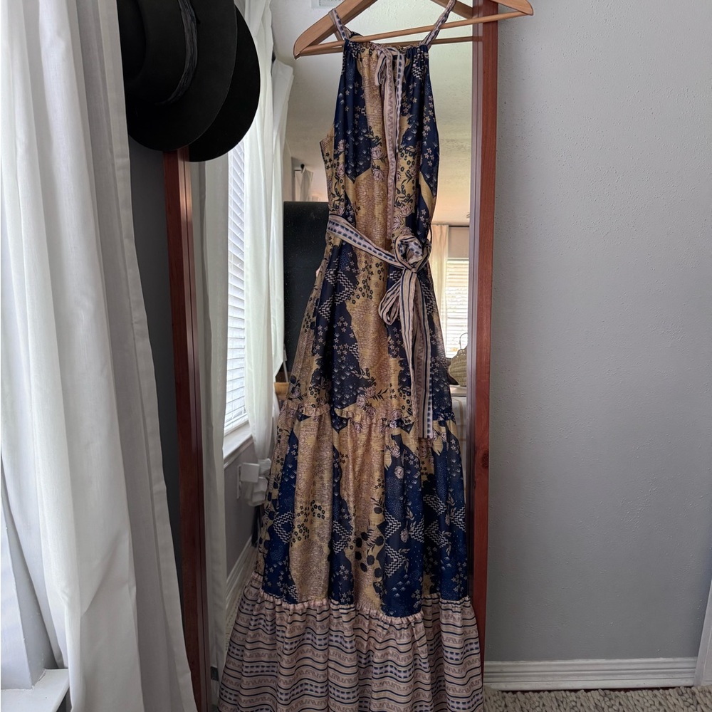 Chloe Elegant Blue and Tan Maxi Dress